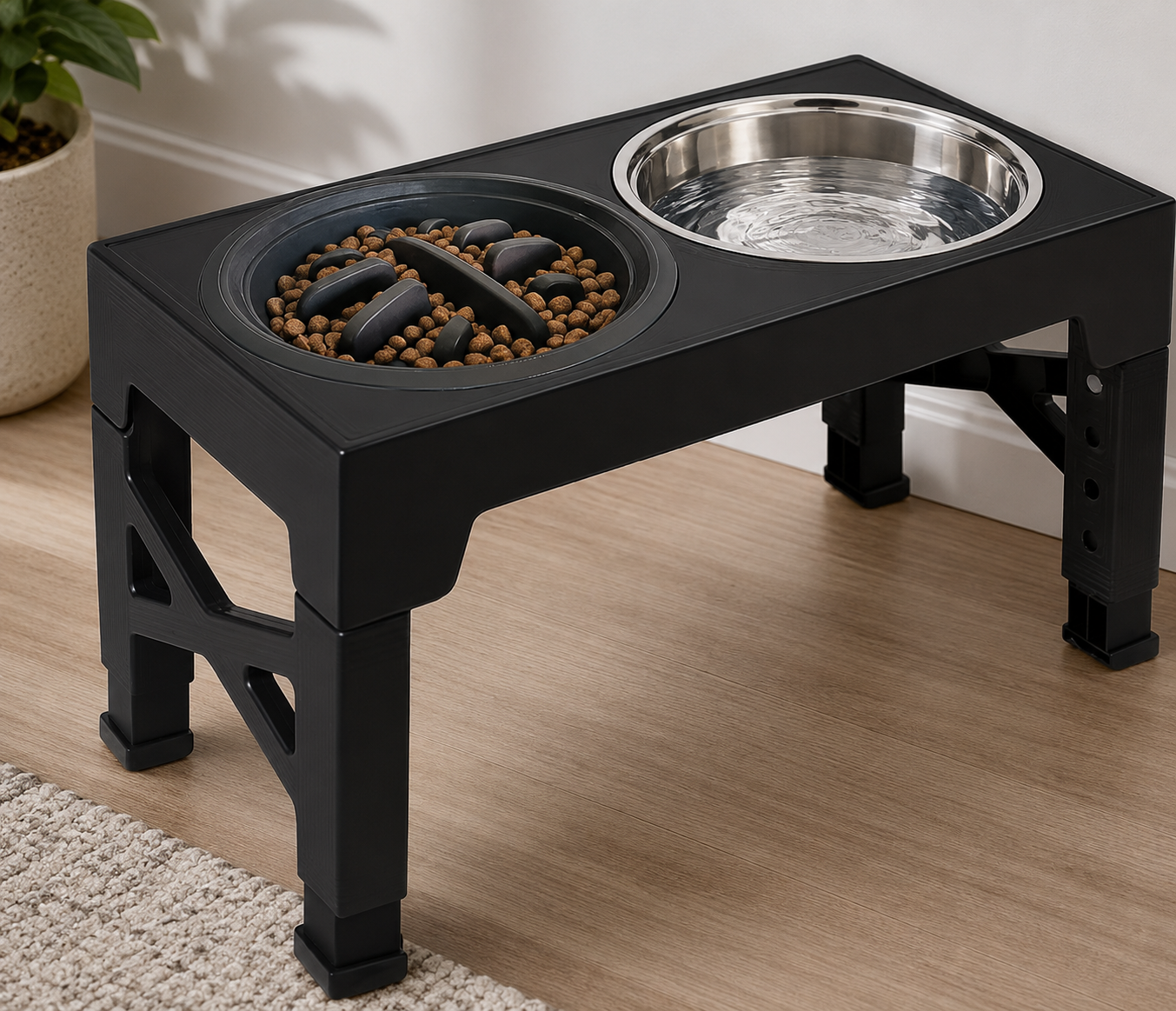 Pawnest™ HealthStand elevated slow feeder bowl for dogs on wooden floor
