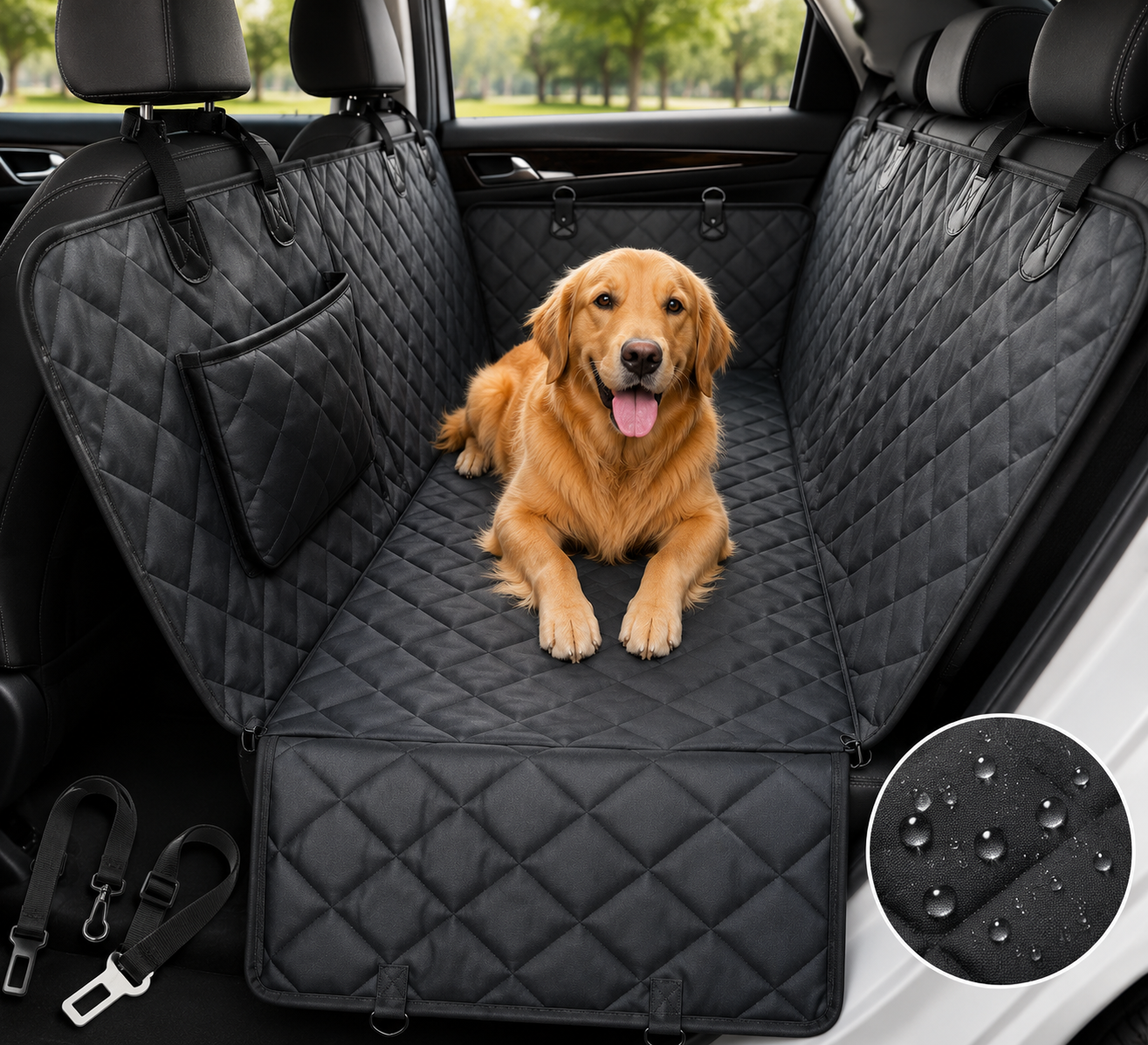 Pawnest™ Travel Guard waterproof dog car seat cover installed in back seat
