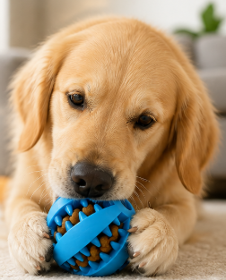 Pawnest™ Bite & Treat Ball interactive treat-dispensing dog toy on grass background
